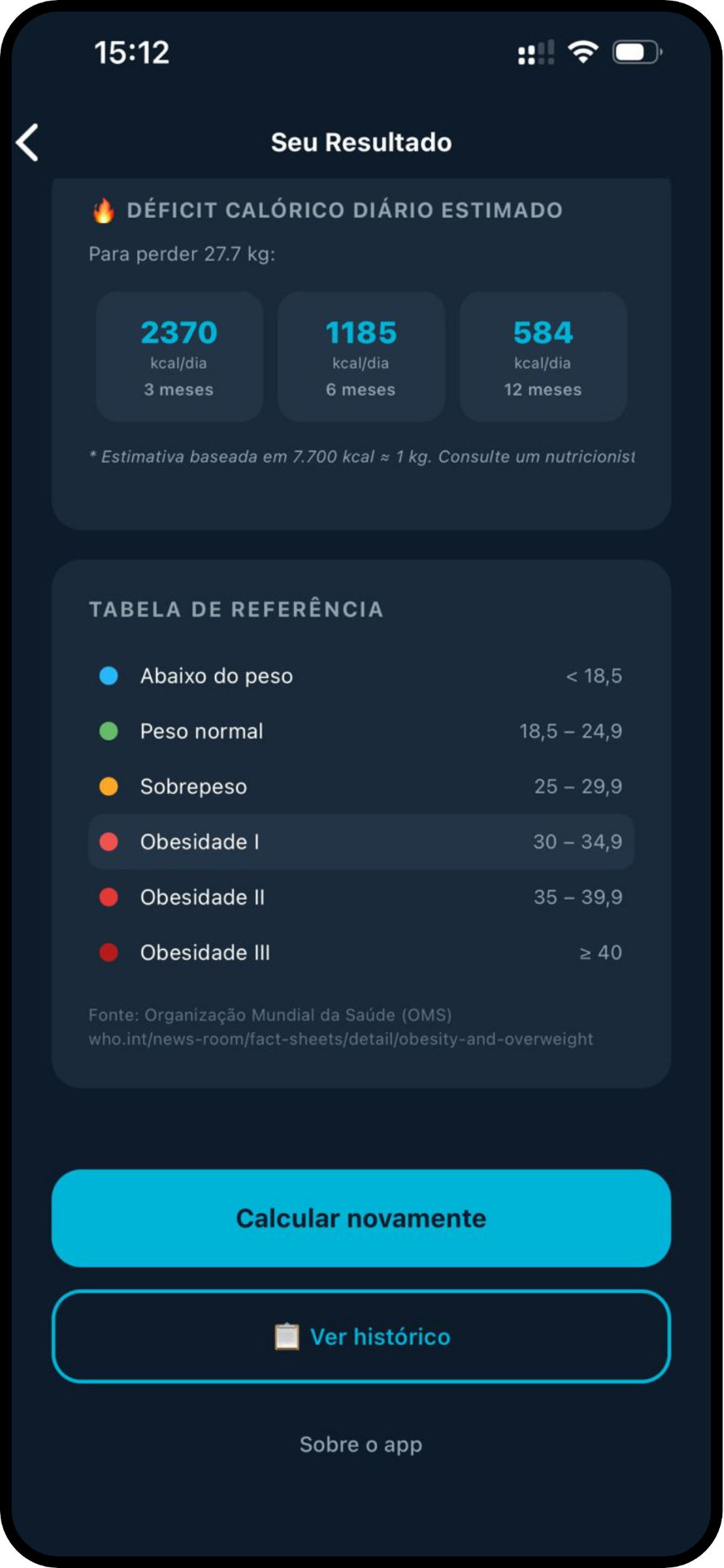 App Calculadora de IMC mostrando peso ideal por altura